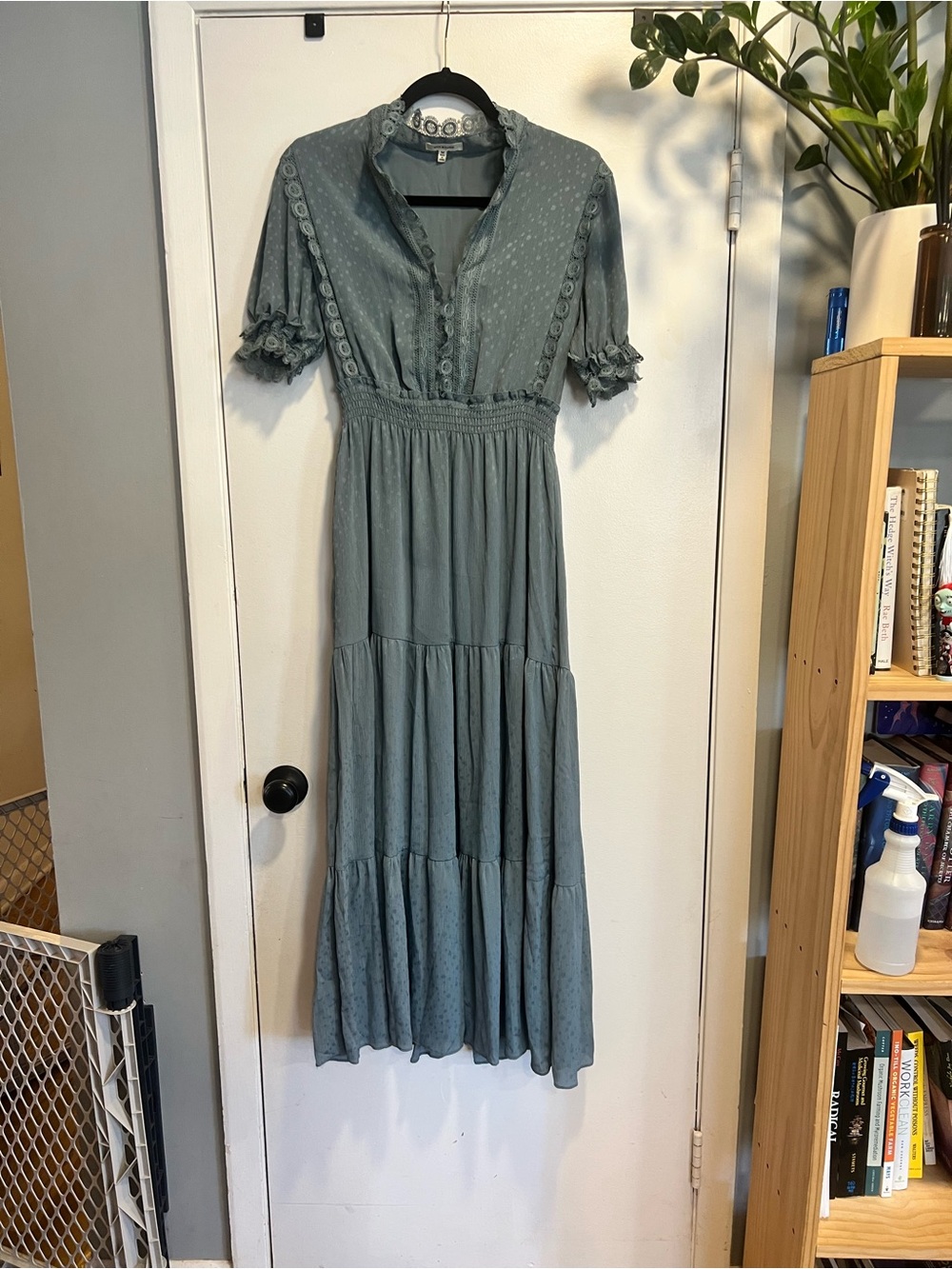 Max Studio Sage Blue Tiered Maxi Dress with Lace Accents